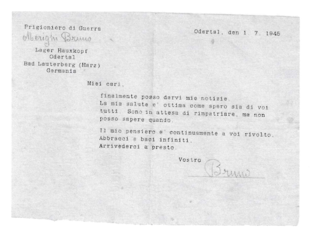 Lettera di Bruno Merighi, rientro in patria