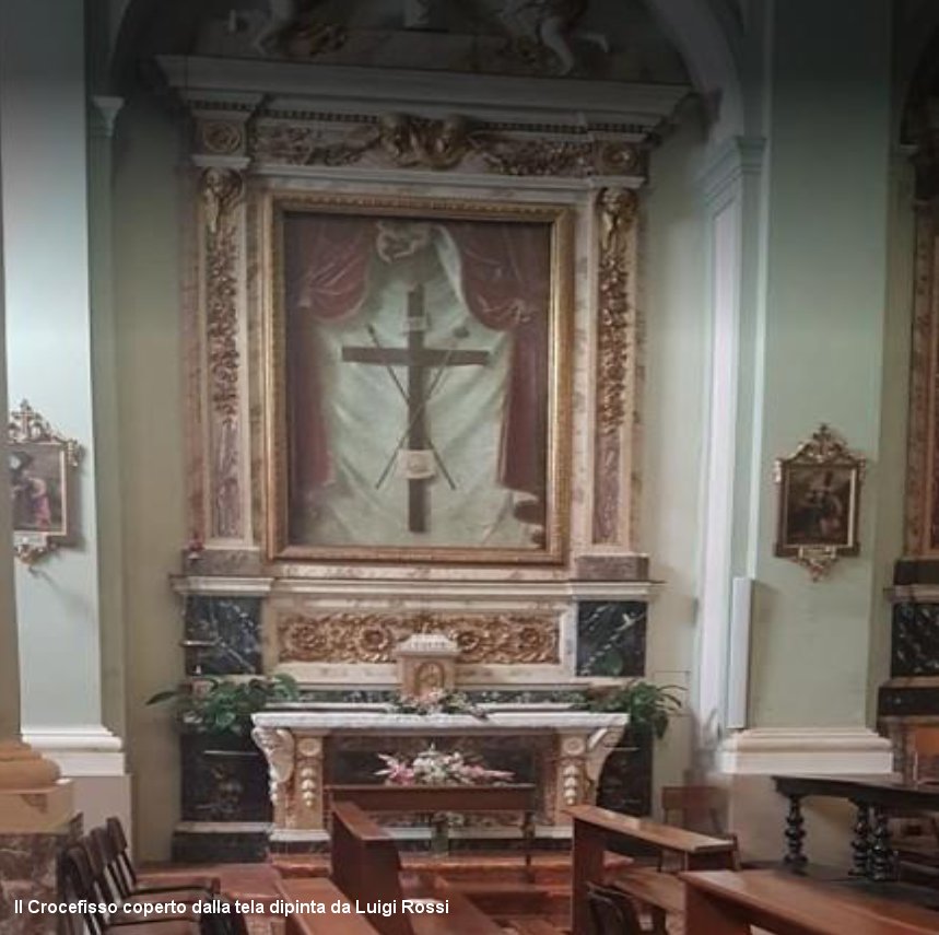 Crocefisso di Castel Guelfo coperto da una tela dipinta da Luigi Rossi