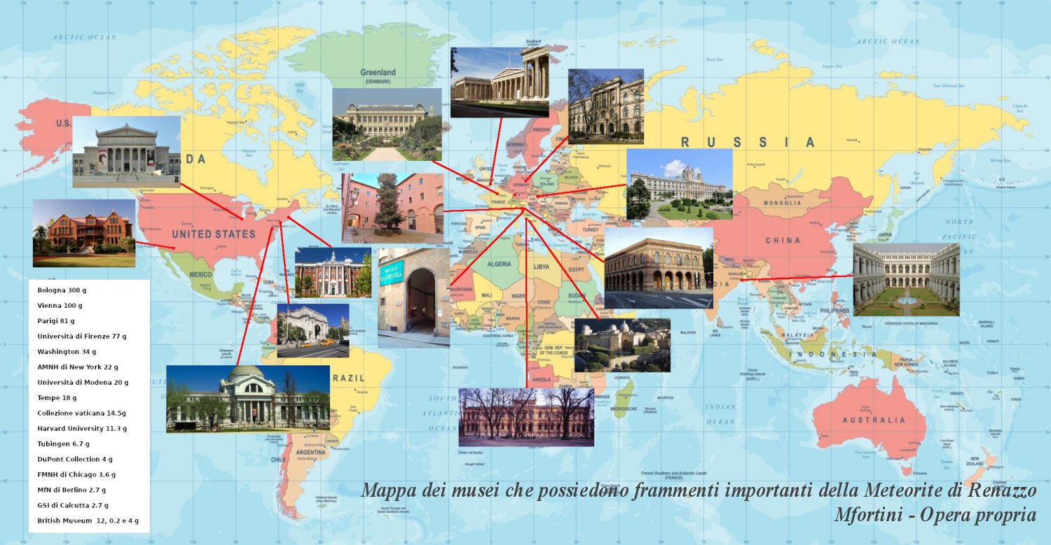 Mappa dei principali musei che possiedono frammenti degni di nota della meteorite di Renazzo