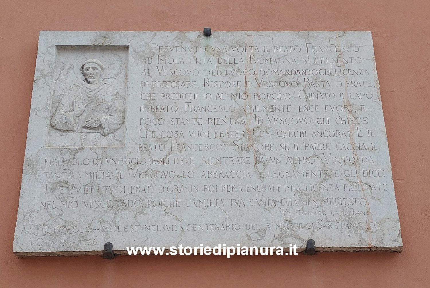 Lapide con storia di San Francesco e del vescovo di Imola