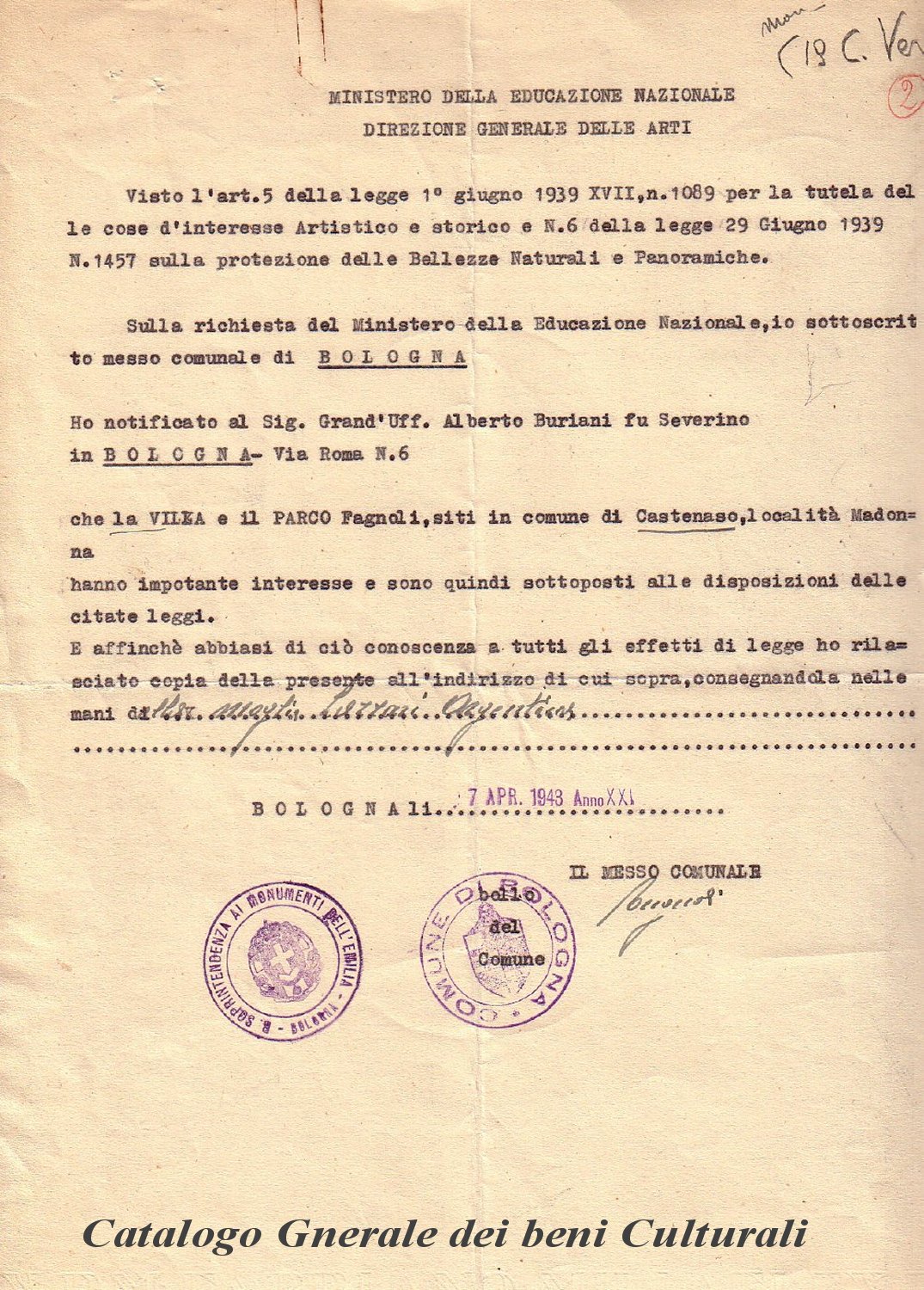 Ministero della Educazione Nazionale Direzione Generale delle Arti 